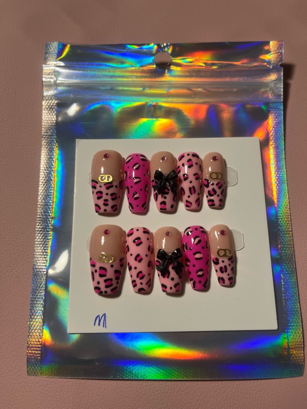 10 PC Hand Crafted Pink Cheetah Nails NWT - Picture 3 of 9